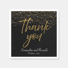 ブラック&金ゴールドグリッターサンキュー結婚ズ スタンダードカクテルナプキン