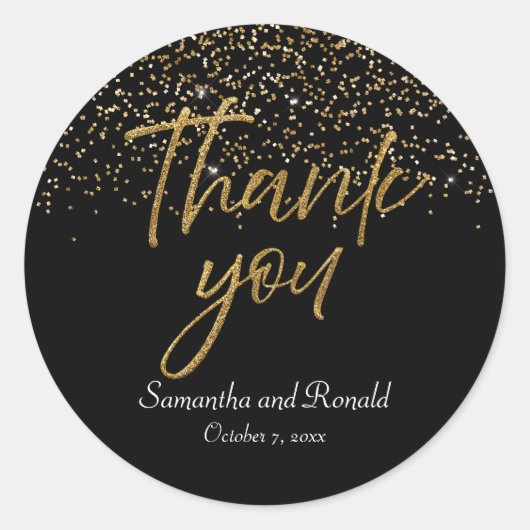 ブラック&金ゴールドグリッターサンキュー結婚ズ ラウンドシール (正面)