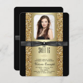 ブラック&金ゴールドグリッタースウィート16パーティー 招待状 (正面/裏面)