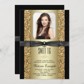 ブラック&金ゴールドグリッタースウィート16パーティー 招待状 (正面/裏面)