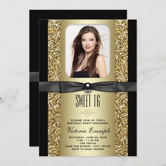 ブラック&金ゴールドグリッタースウィート16パーティー 招待状 (正面/裏面)