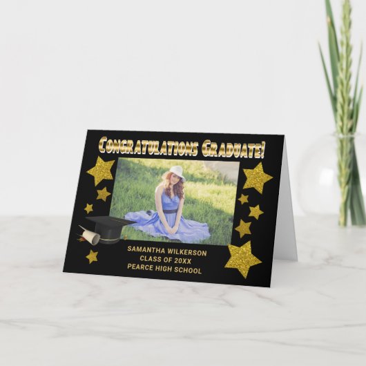 ブラック&金ゴールドグリッタースターズおめでとう卒業 案内状 (正面)