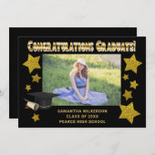 ブラック&金ゴールドグリッタースターズおめでとう卒業 案内状 (正面/裏面)