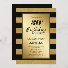 ブラック&金ゴールドグリッターストライプの30th Birthday Dinner 招待状
