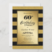 ブラック&金ゴールドグリッターストライプの60th誕生日ディナー 招待状 (正面)