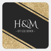 ブラック&金ゴールドグリッターストライプ結婚式の引き出物 スクエアシール (正面)