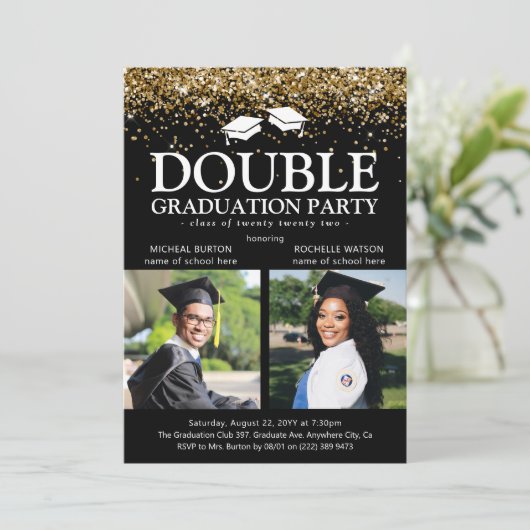ブラック&金ゴールドグリッターダブル卒業写真グラデーション 招待状 (スタンド正面)
