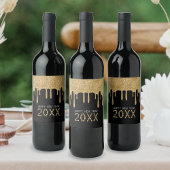 ブラック&金ゴールドグリッタードリップハッピーニューイヤー2024 ワインラベル