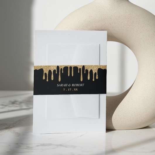 ブラック&金ゴールドグリッタードリップ結婚ズ 招待状ベリーバンド