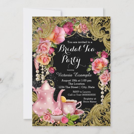 ブラック&金ゴールドグリッターバラティーパーティー 招待状 (正面)