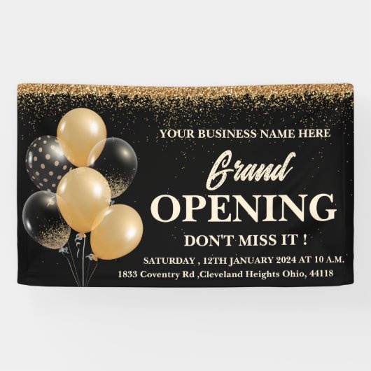 ブラック&金ゴールドグリッターバルーングランドオープニング 横断幕 (横)