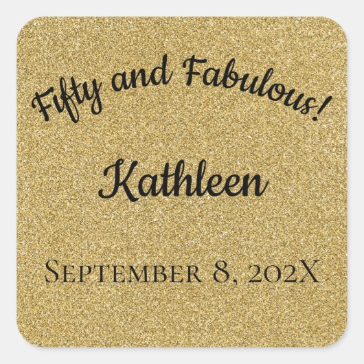 ブラック&金ゴールドグリッターフィフティアンドファブラス誕生日 スクエアシール (正面)