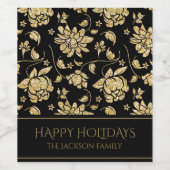 ブラック&金ゴールドグリッターフローラハッピーホリデーズネーム ワインラベル (シングルラベル)