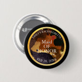 ブラック&金ゴールドグリッターメイド・オブ・オーナー（花嫁付き添い人）学士 缶バッジ (正面&裏面)