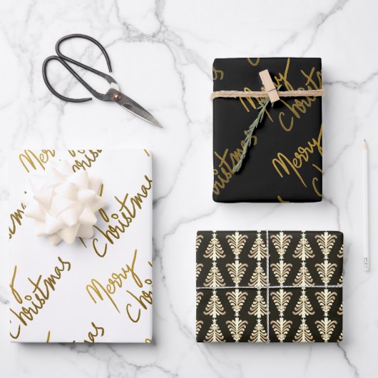 ブラック&金ゴールドグリッターメリークリスマスタイポグラフィ ラッピングペーパーシート (正面)
