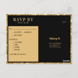 ブラック&金ゴールドグリッターモノグラムイニシャルウェディングRSVP ポストカード