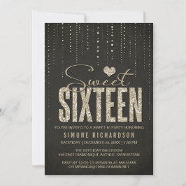 ブラック&金ゴールドグリッタールックスウィート16 (16)パーティー 招待状