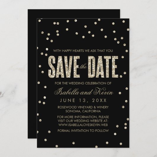 ブラック&金ゴールドグリッタールック紙吹雪保存日付 セーブザデート (正面/裏面)