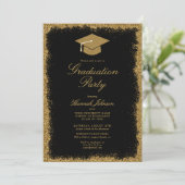 ブラック&金ゴールドグリッター写真卒業パーティー 招待状 (スタンド正面)
