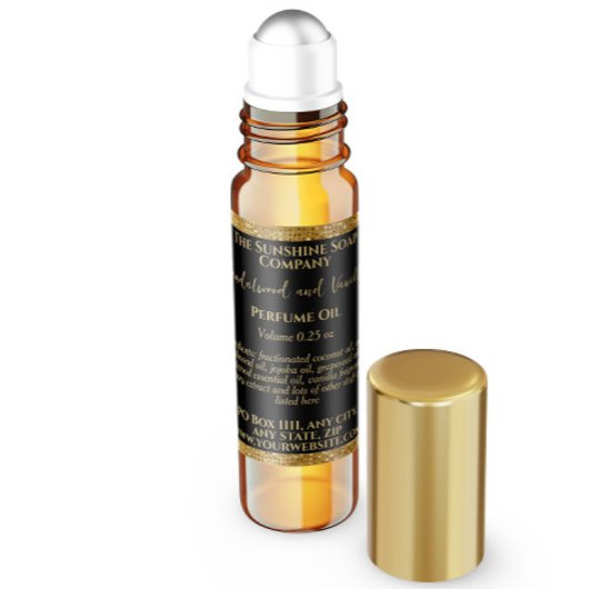 ブラック&金ゴールドグリッター香水ローラーボトルラベル スクエアシール