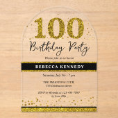 ブラック&金ゴールドグリッター100thバースデーパーティー アクリル招待状 (正面)