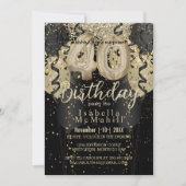 ブラック&金ゴールドグリッター40th誕生日招待状 招待状 (正面)