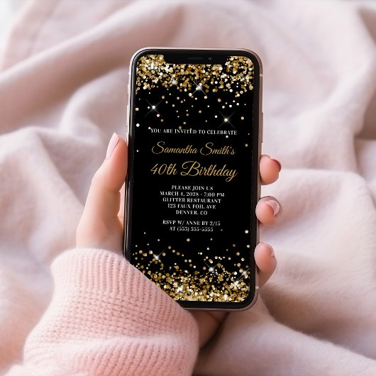 ブラック&金ゴールドグリッター40th Birthday 招待状