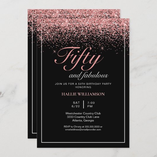 ブラック&金ゴールドグリッター50と素晴らしい誕生日 招待状 (正面/裏面)