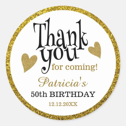 ブラック&金ゴールドグリッター50誕生日ありがとう ラウンドシール (正面)