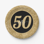 ブラック&金ゴールドグリッター50 50年50誕生日 ペーパープレート (正面)