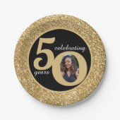 ブラック&金ゴールドグリッター50 50年50誕生日 ペーパープレート (正面)