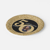 ブラック&金ゴールドグリッター50 50年50誕生日 ペーパープレート (アングル)