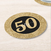 ブラック&金ゴールドグリッター50 50年50誕生日 ラウンドペーパーコースター (アングル)