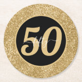 ブラック&金ゴールドグリッター50 50年50誕生日 ラウンドペーパーコースター (正面)