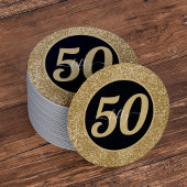 ブラック&金ゴールドグリッター50 50年50誕生日 ラウンドペーパーコースター