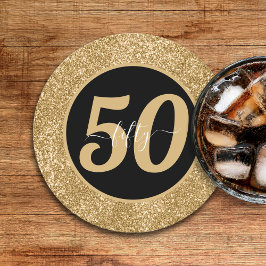 ブラック&金ゴールドグリッター50 50年50誕生日 ラウンドペーパーコースター