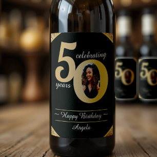 ブラック&金ゴールドグリッター50 50年50誕生日 ワインラベル