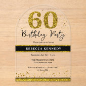 ブラック&金ゴールドグリッター60thバースデーパーティー アクリル招待状 (正面)