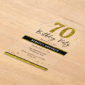 ブラック&金ゴールドグリッター70thバースデーパーティー アクリル招待状 (レイダウン)