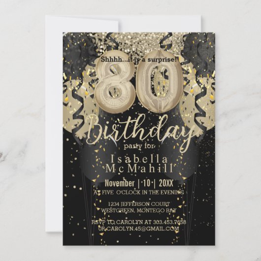 ブラック&金ゴールドグリッター80番目の誕生日招待状 招待状 (正面)