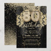 ブラック&金ゴールドグリッター80番目の誕生日招待状 招待状 (正面/裏面)