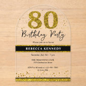 ブラック&金ゴールドグリッター80thバースデーパーティー アクリル招待状 (正面)
