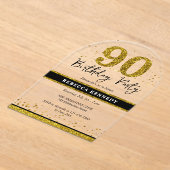 ブラック&金ゴールドグリッター90thバースデーパーティー アクリル招待状 (レイダウン)