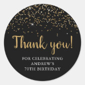ブラック&金ゴールドグリッター | 70誕生日ありがとう ラウンドシール (正面)