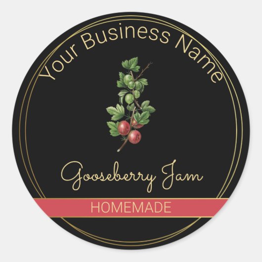 ブラック&金ゴールドグースベリージャム製品ラベル ラウンドシール (正面)