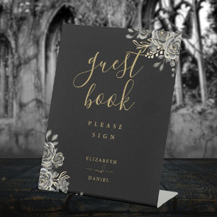 ブラック&金ゴールドゴシックバラフローラゲストブック 台座サイン