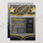 ブラック&金ゴールドサッカーチームスポーツグリッター誕生日 招待状 (正面/裏面)