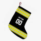 ブラック&金ゴールドサッカーチームパーソナライズされた スモールクリスマスストッキング (正面 (吊り時))