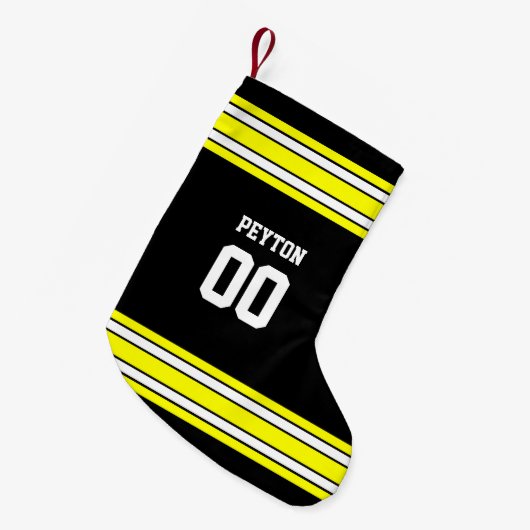 ブラック&金ゴールドサッカーチームパーソナライズされた スモールクリスマスストッキング (正面 (吊り時))