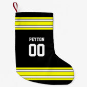 ブラック&金ゴールドサッカーチームパーソナライズされた スモールクリスマスストッキング (正面)